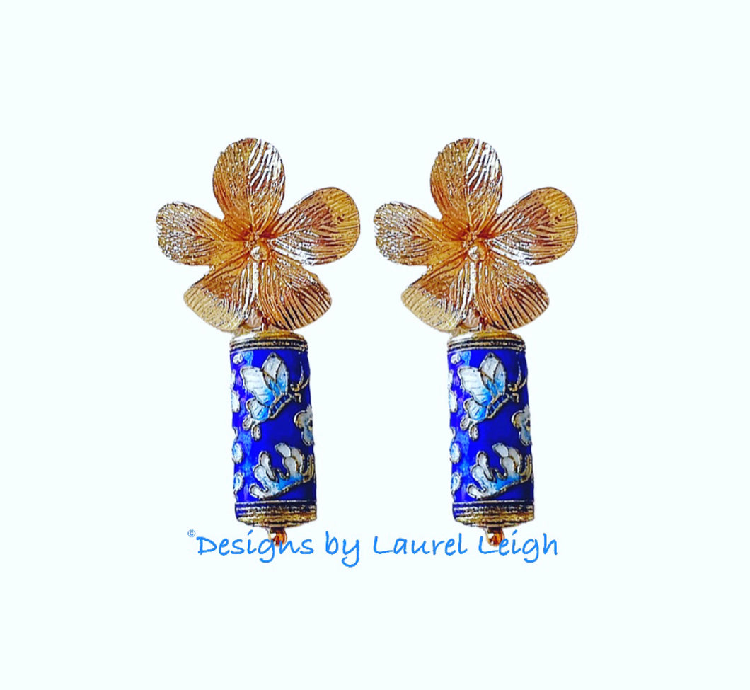 Chinoiserie Blue Cloisonné Floral Earrings - Chinoiserie jewelry