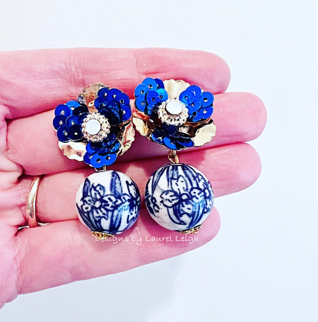 Blue Chinoiserie Sequin Drop Earrings - Chinoiserie jewelry