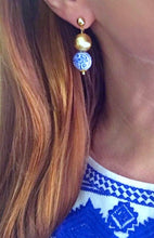 Load image into Gallery viewer, Blue, White and Gold Chinoiserie Longevity Drop Earrings - POSTS OR HOOKS - Ginger jar