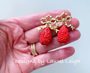 Red and Gold Bow Cinnabar Teardrop Earrings - Ginger jar
