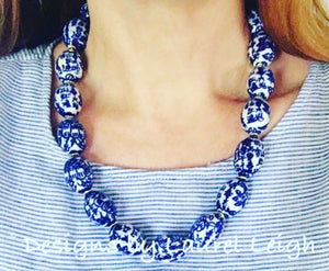 Chinoiserie Blue & White Oval Bead Necklace - Chinoiserie jewelry