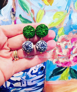 Chinoiserie Green Cinnabar Drop Earrings - Chinoiserie jewelry