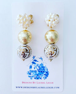 Gold & White Chinoiserie Pearl Cluster Earrings - Chinoiserie jewelry