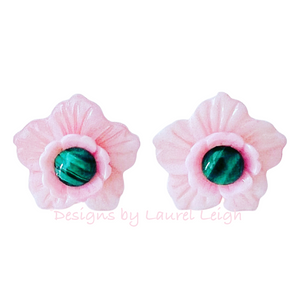 Pink Floral Pearl & Gemstone Stud Earrings - Chinoiserie jewelry