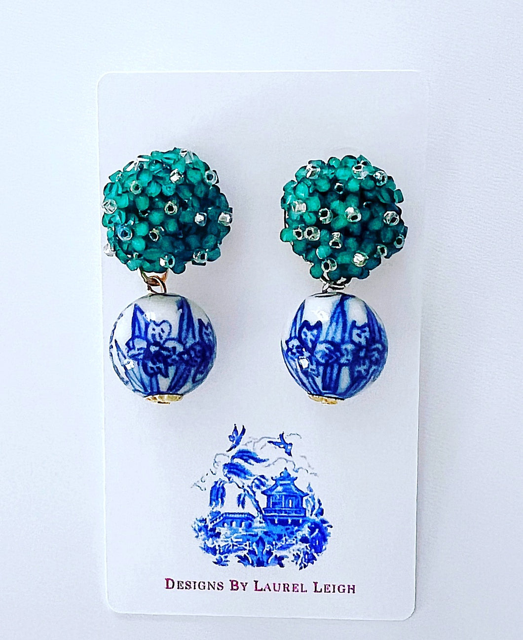 Chinoiserie Green Hydrangea Blossom Earrings - Chinoiserie jewelry