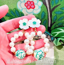 Load image into Gallery viewer, Green Chinoiserie Floral Pearl Hoops - Chinoiserie jewelry