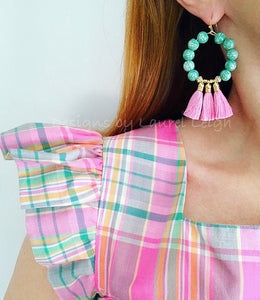 Chinoiserie Beaded Tassel Hoop Earrings - Light Pink & Green - Ginger jar