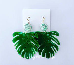 Chinoiserie Tropical Monstera Palm Leaf Statement Earrings - Green - Chinoiserie jewelry