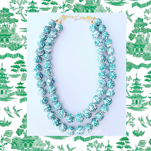 Green & White Chinoiserie Double Strand Necklace - Chinoiserie jewelry