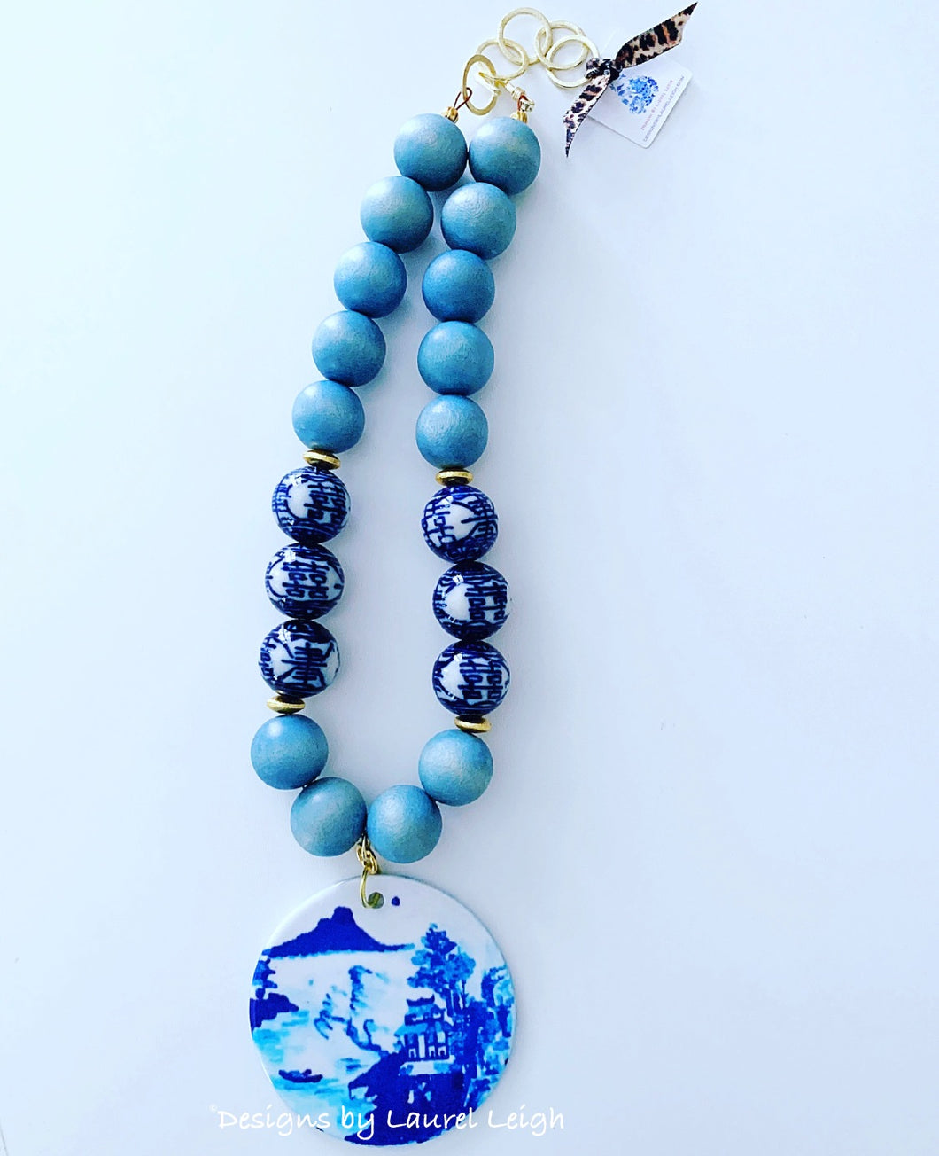 Chinoiserie Canton Watercolor Pendant Statement Necklace - Spa Blue - Ginger jar