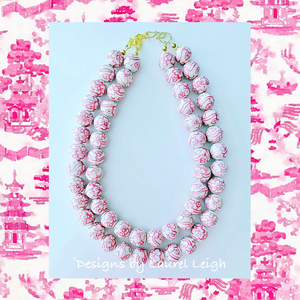 Pink and White Chinoiserie Double Strand Statement Necklace - Chinoiserie jewelry