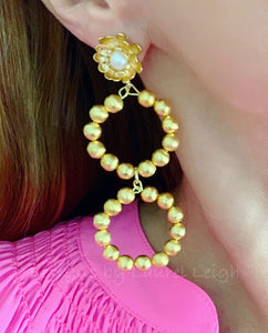 Gold Floral and Pearl Beaded Drop Hoops - Two Styles - Ginger jar