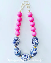 Load image into Gallery viewer, Blue and White Chinoiserie Chunky Statement Necklace - Bright Bubblegum Pink - Ginger jar
