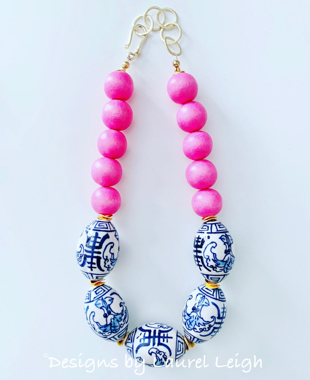 Blue and White Chinoiserie Chunky Statement Necklace - Bright Bubblegum Pink - Ginger jar