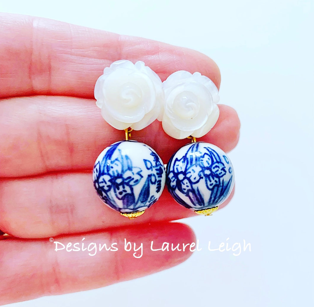 Chinoiserie Orchid & Pearl Rose Earrings - Chinoiserie jewelry