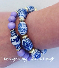 Load image into Gallery viewer, Blue and White Chinoiserie Vintage Barrel Bead Statement Bracelet - Designs by Laurel Leigh