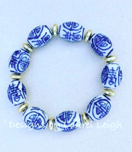 Blue and White Chinoiserie Vintage Barrel Bead Statement Bracelet - Designs by Laurel Leigh