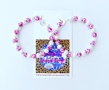 Load image into Gallery viewer, Pink &amp; White Chinoiserie Floral Beaded Hoops - Chinoiserie jewelry
