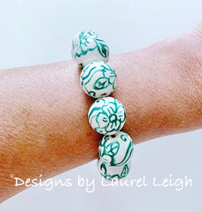 Chinoiserie Emerald Green and White Chunky Floral Statement Bracelet - Ginger jar