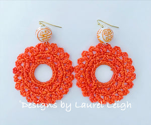 Orange and White Chinoiserie Crochet Lace Earrings - Ginger jar