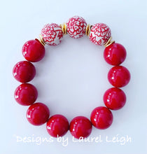 Load image into Gallery viewer, Chinoiserie Red Peony Flower &amp; Pearl Beaded Statement Bracelet - Ginger jar