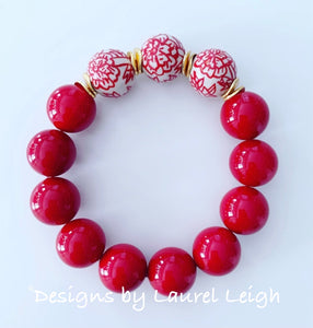Chinoiserie Red Peony Flower & Pearl Beaded Statement Bracelet - Ginger jar