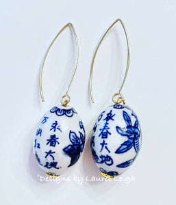 Blue & White Chinoiserie Oval Drop Earrings - Chinoiserie jewelry