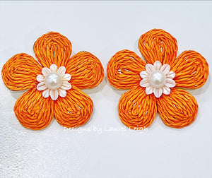 Orange Raffia Floral Earrings - Chinoiserie jewelry