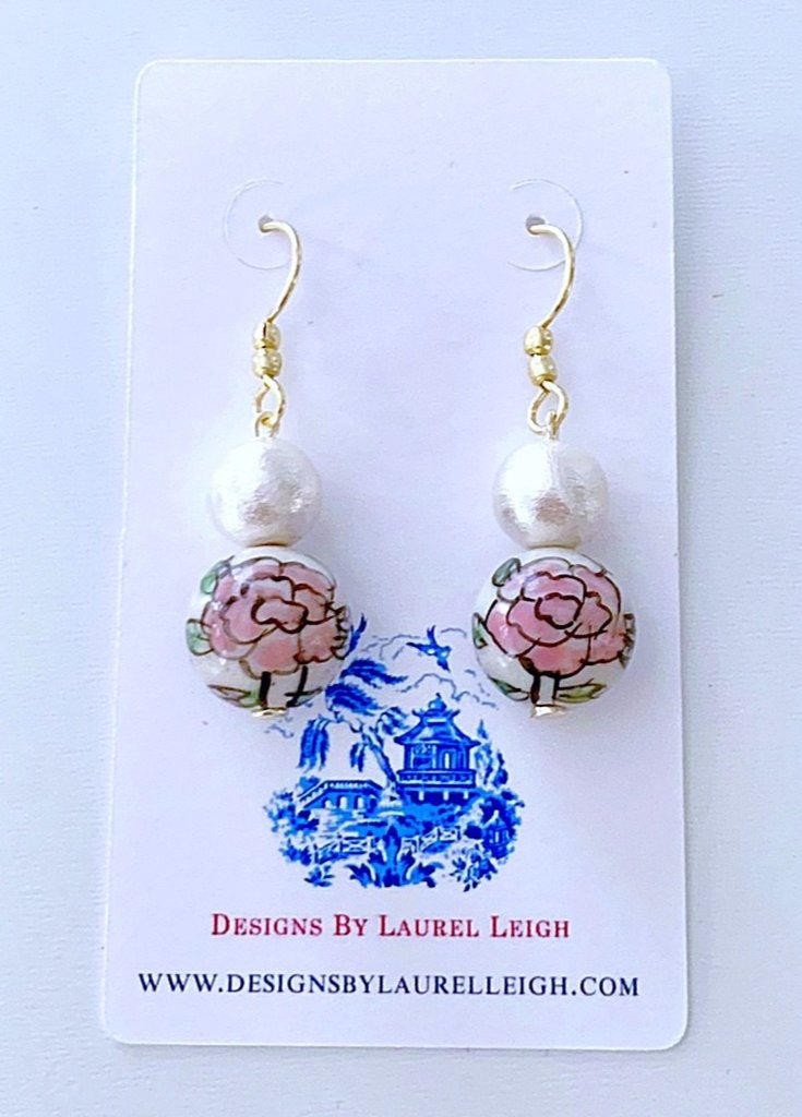 Chinoiserie Cotton Pearl Drop Earrings - Pink Peony - Ginger jar