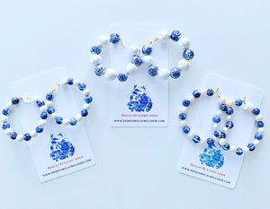 Chinoiserie Longevity Bead and Pearl Hoops - Blue & White - 3 Styles - Ginger jar