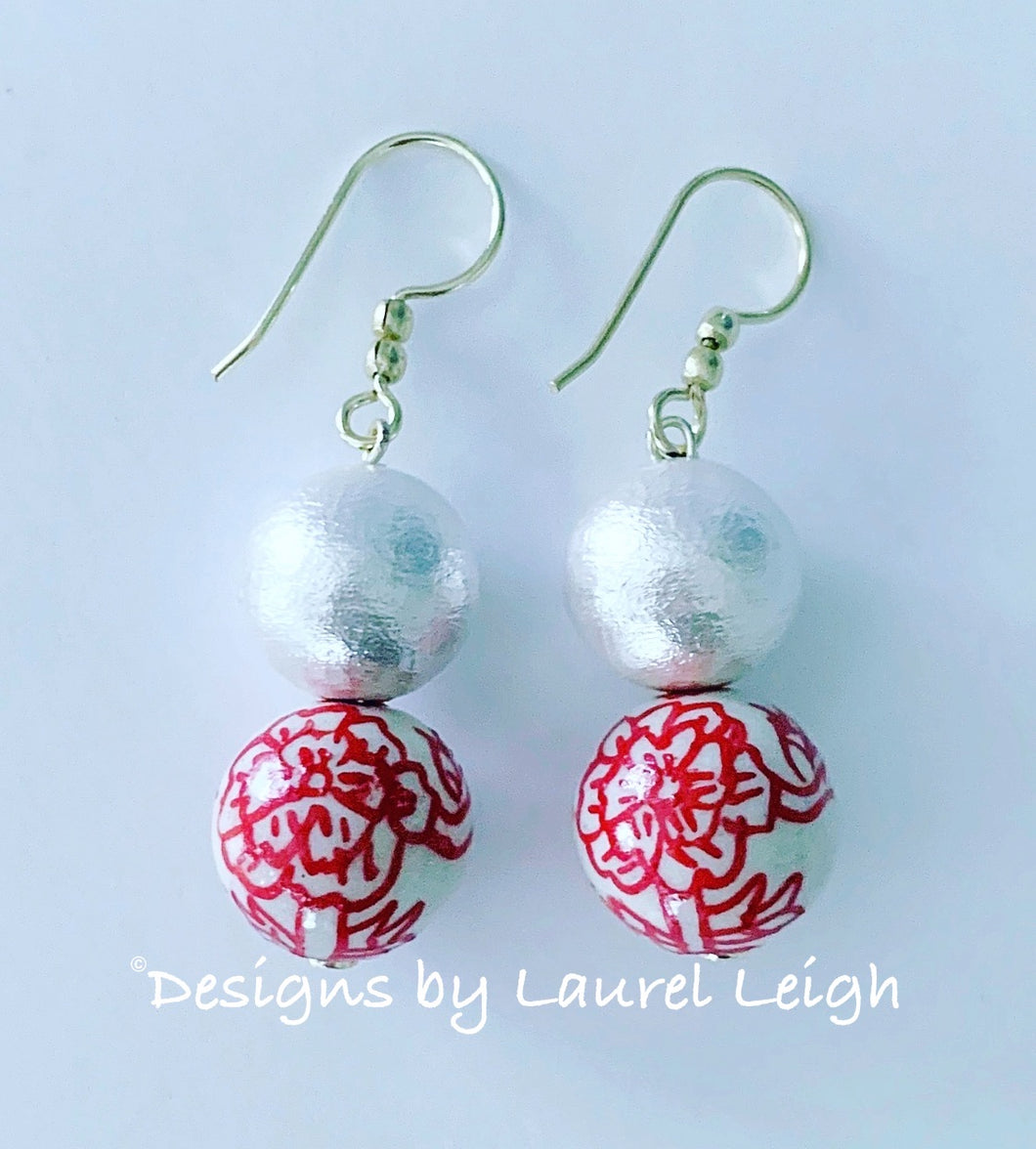 Chinoiserie Cotton Pearl Drop Earrings - Red Peony - Ginger jar