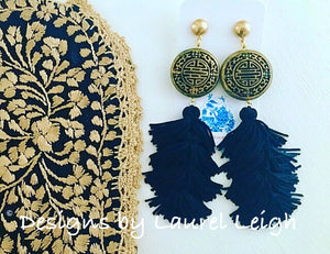Chinoiserie Slinky Tassel Statement Earrings - Black & Gold - Designs by Laurel Leigh