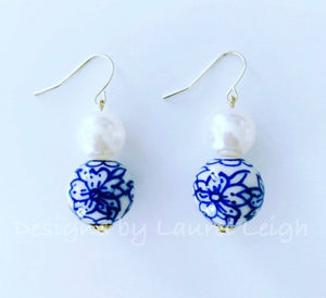 Chinoiserie Blue & White Floral Bead & Pearl Earrings - Ginger jar
