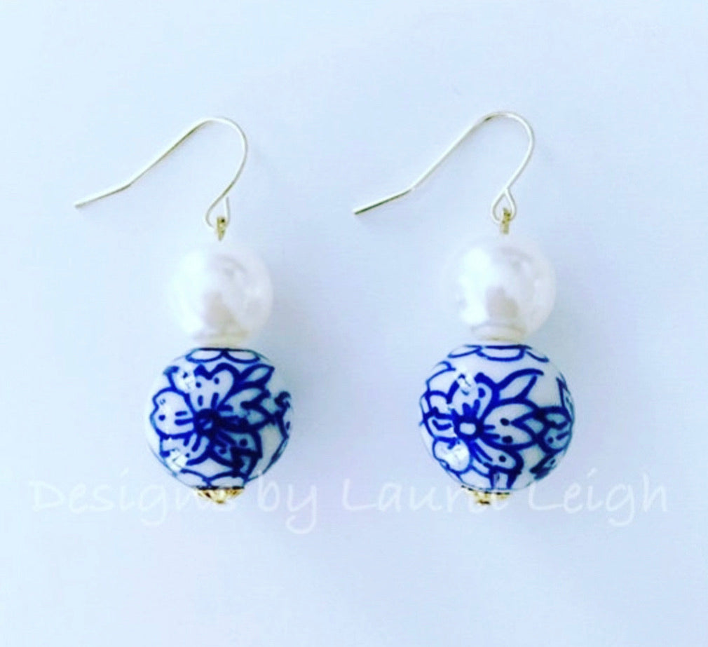 Chinoiserie Blue & White Floral Bead & Pearl Earrings - Ginger jar