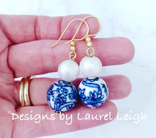 Load image into Gallery viewer, Chinoiserie Vintage Orchid Bead &amp; Pearl Earrings - Gold or Silver Finish - Ginger jar