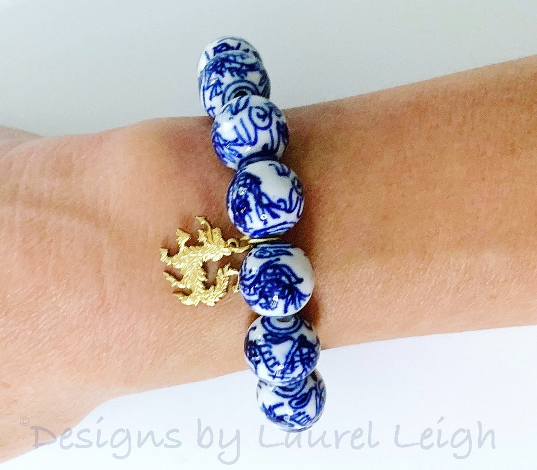 Vintage Porcelain Stretched Bracelet East Asian Dragon Hand-Painted Beads  White | eBay