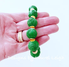 Load image into Gallery viewer, Green &amp; Gold Chinoiserie Cinnabar Beaded Statement Bracelet - Ginger jar