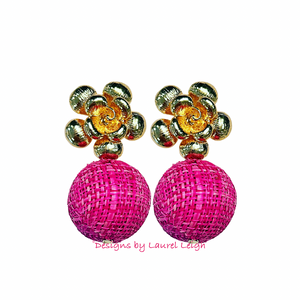 Hot Pink Raffia Floral Drop Earrings - Chinoiserie jewelry
