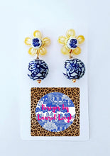 Load image into Gallery viewer, Blue, White &amp; Yellow Petite Fleur Drop Earrings - Chinoiserie jewelry