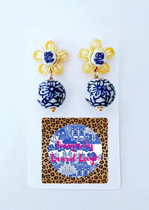 Blue, White & Yellow Petite Fleur Drop Earrings - Chinoiserie jewelry