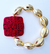 Load image into Gallery viewer, Red Cinnabar Gold Oval Bead Bracelet - Chinoiserie jewelry