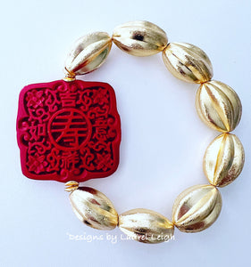 Red Cinnabar Gold Oval Bead Bracelet - Chinoiserie jewelry