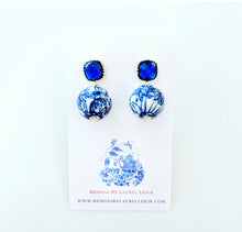 Load image into Gallery viewer, Blue &amp; White Chinoiserie Orchid &amp; Sapphire Earrings - Ginger jar