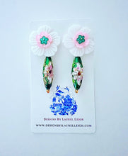 Load image into Gallery viewer, Cloisonné Floral Drop Earrings - Pink &amp; Green - Chinoiserie jewelry