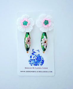 Cloisonné Floral Drop Earrings - Pink & Green - Chinoiserie jewelry