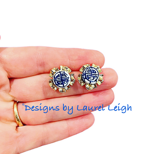 Chinoiserie Coin Bead Floral Stud Earrings - Chinoiserie jewelry