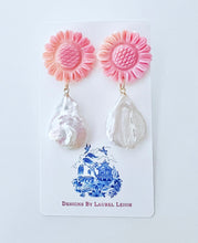 Load image into Gallery viewer, Pink Sunflower Pearl Drop Earrings - Chinoiserie jewelry