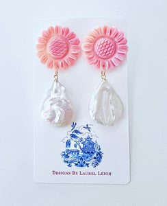 Pink Sunflower Pearl Drop Earrings - Chinoiserie jewelry