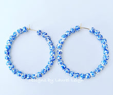 Load image into Gallery viewer, French Blue &amp; White Floral Beaded Hoops - Chinoiserie jewelry