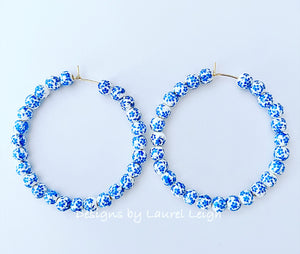 French Blue & White Floral Beaded Hoops - Chinoiserie jewelry